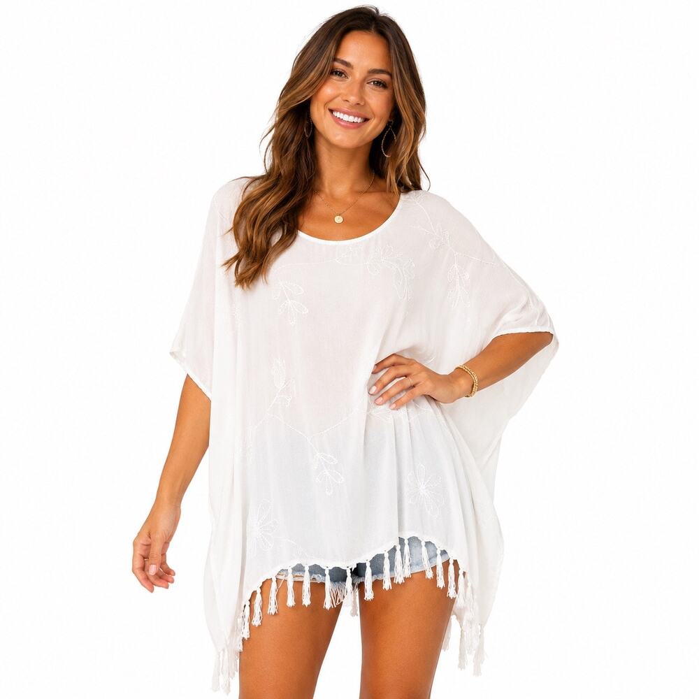 White Embroidered Boho Kimono Caftan Tunic Top One Size Rayon Fringe Hem